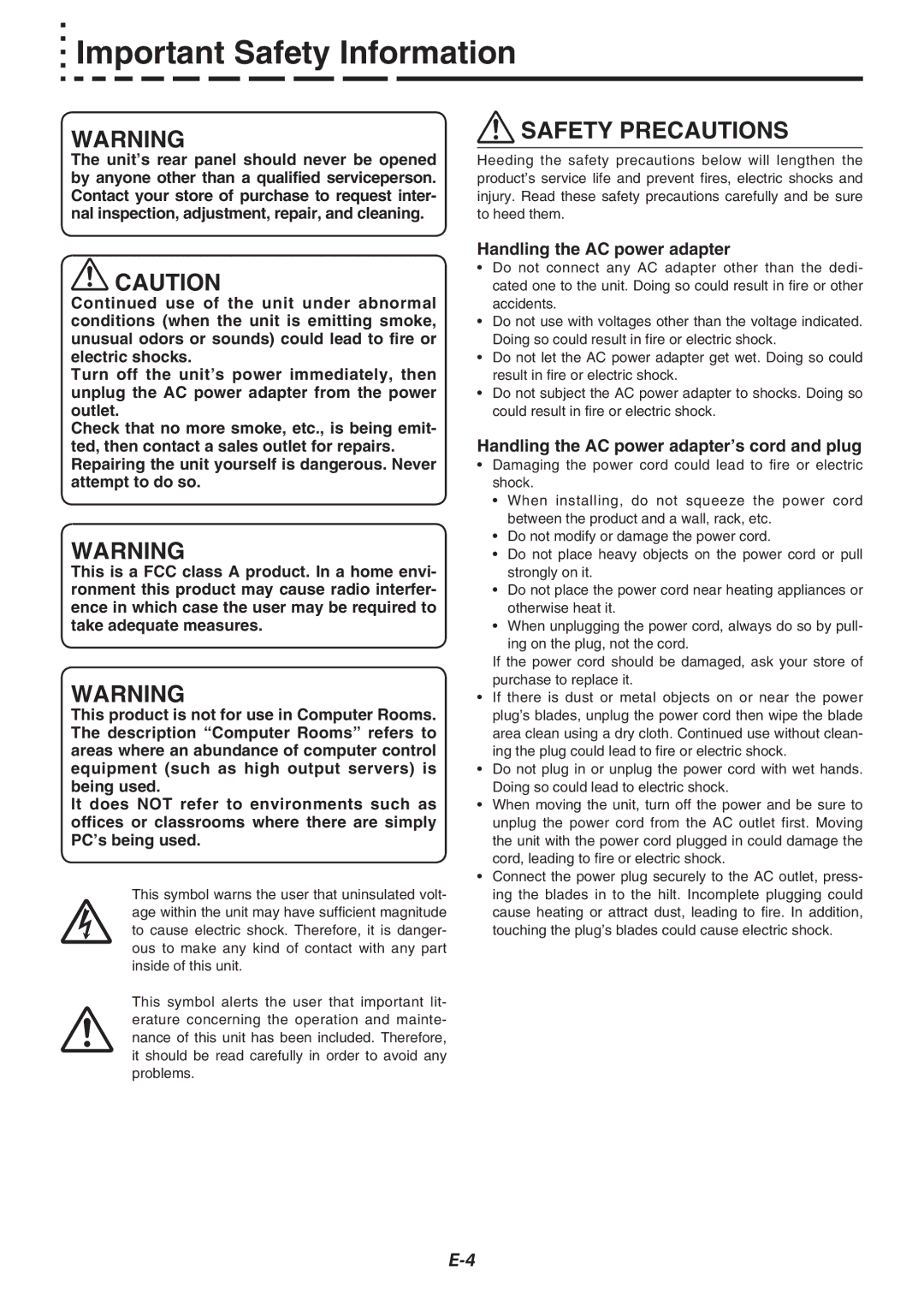 Plus M-11S, M-11W, M-115 user manual Important Safety Information, Handling the AC power adapter’s cord and plug 