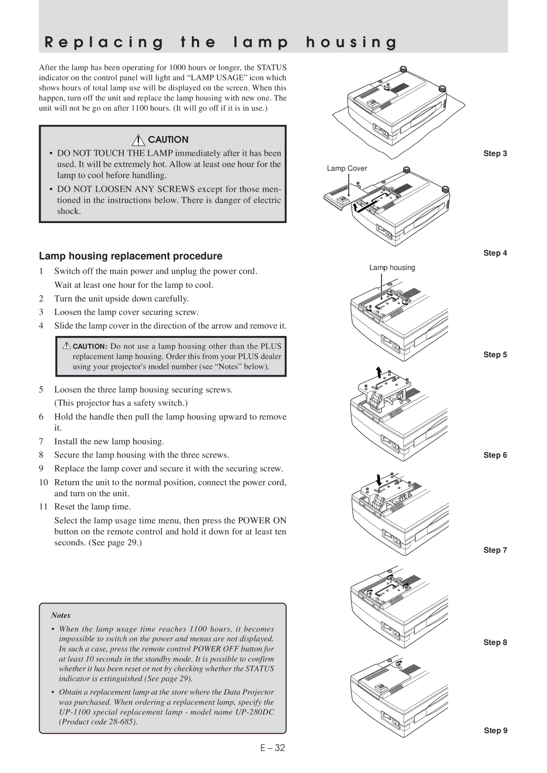 Plus UP-1100 user manual P l a c i n g t h e l a m p h o u s i n g, Lamp housing replacement procedure, Step 