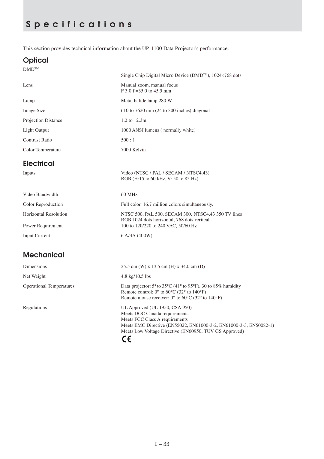 Plus UP-1100 user manual Specification s, Optical 