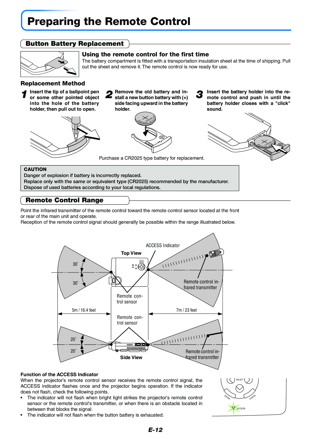 PLUS Vision Data Projector user manual Preparing the Remote Control, Button Battery Replacement, Remote Control Range 