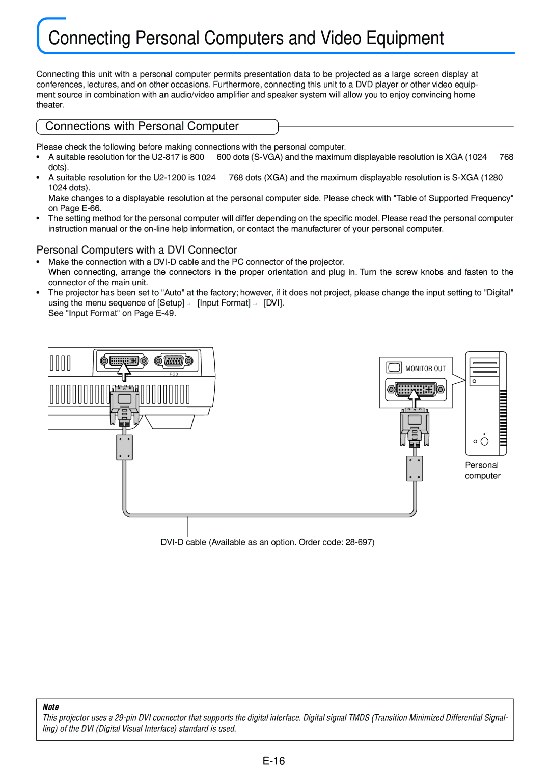 PLUS Vision Data Projector user manual Connections with Personal Computer, Personal Computers with a DVI Connector 