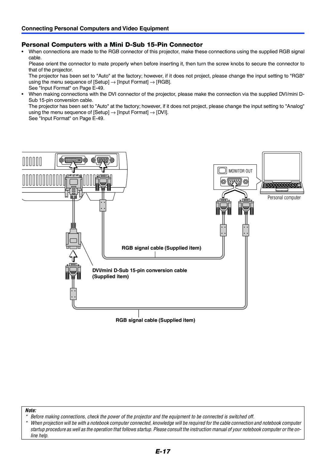 PLUS Vision Data Projector user manual Personal Computers with a Mini D-Sub 15-Pin Connector, Personal computer 