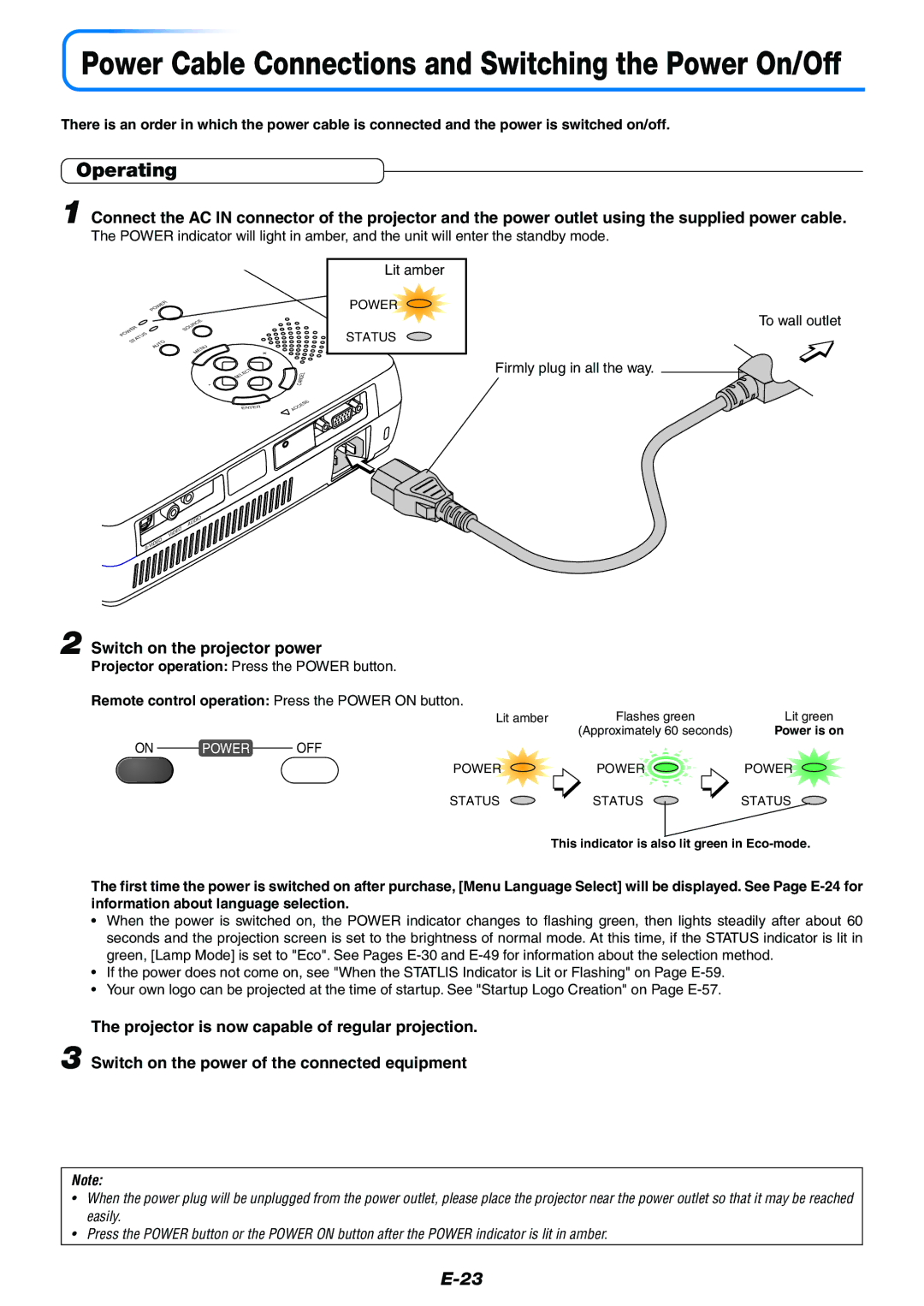 PLUS Vision Data Projector user manual Operating, Switch on the projector power, To wall outlet 