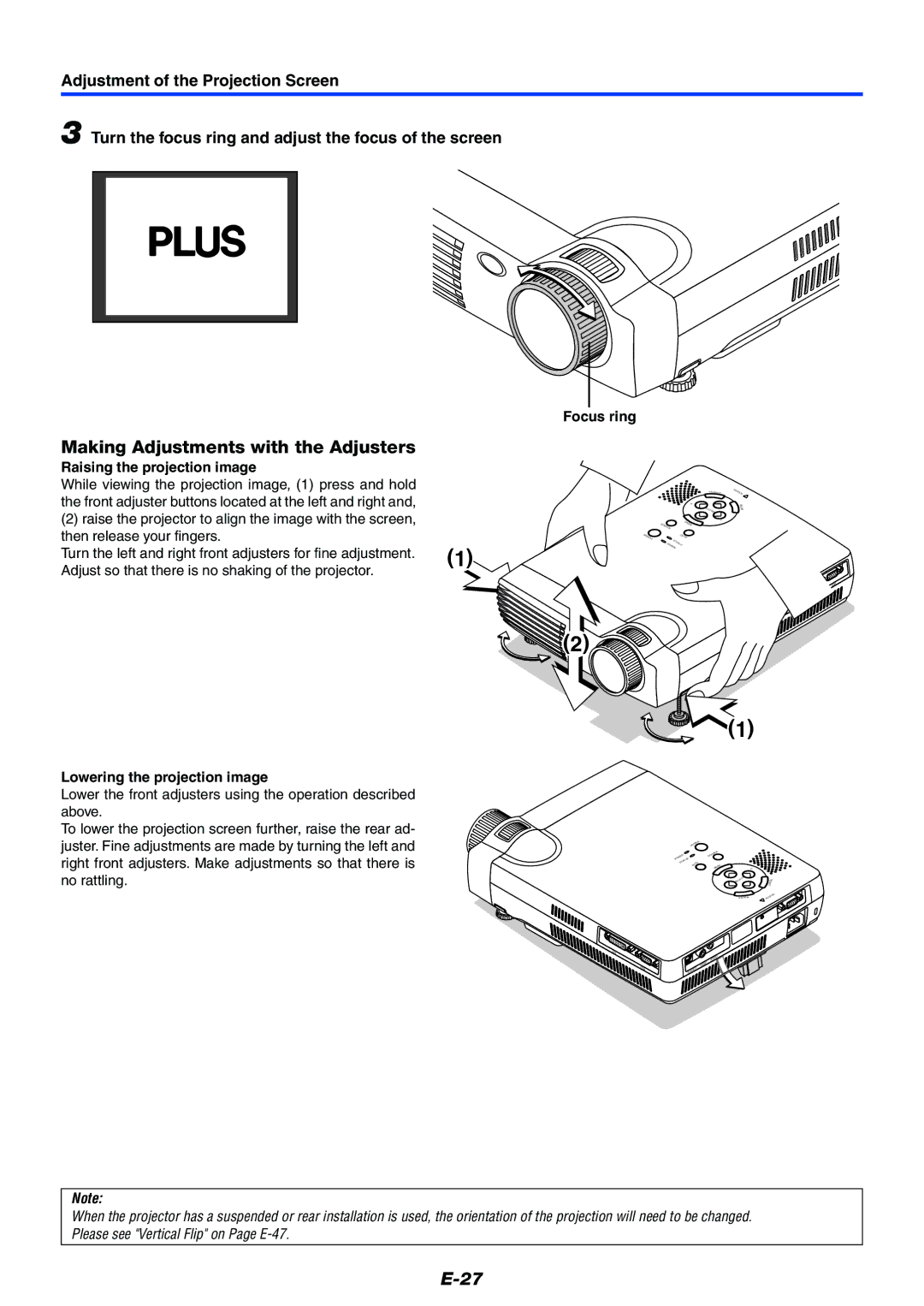 PLUS Vision Data Projector user manual Making Adjustments with the Adjusters, Raising the projection image, Focus ring 