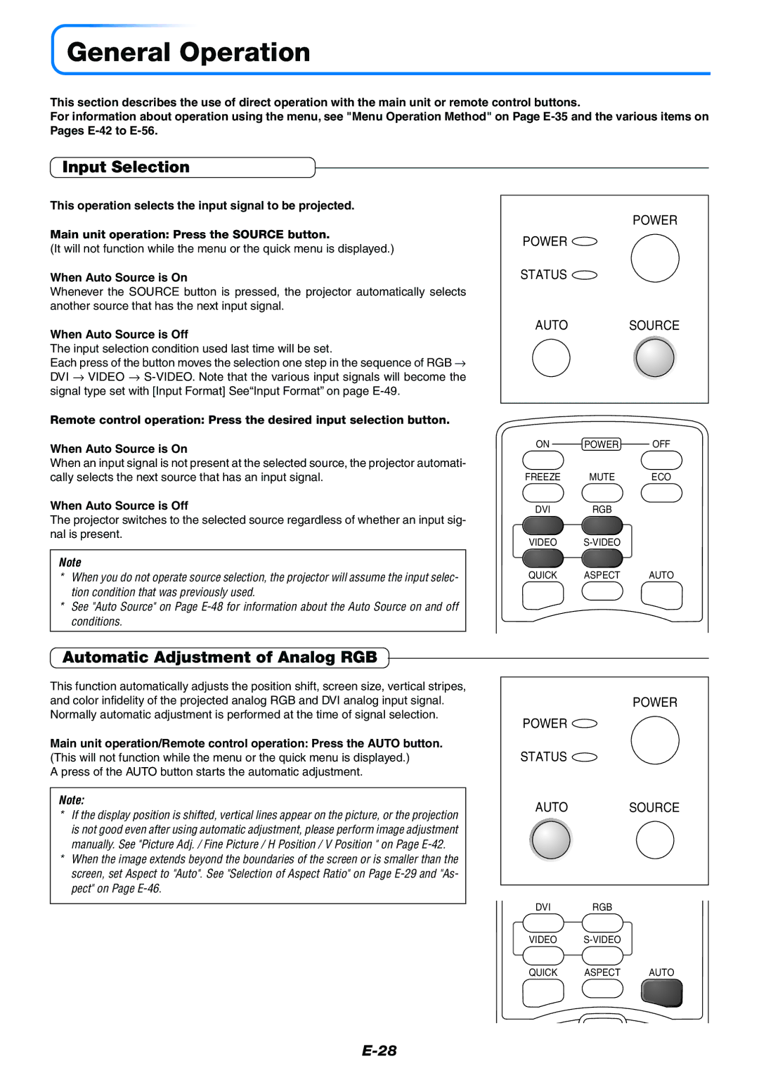 PLUS Vision Data Projector General Operation, Input Selection, Automatic Adjustment of Analog RGB, When Auto Source is On 