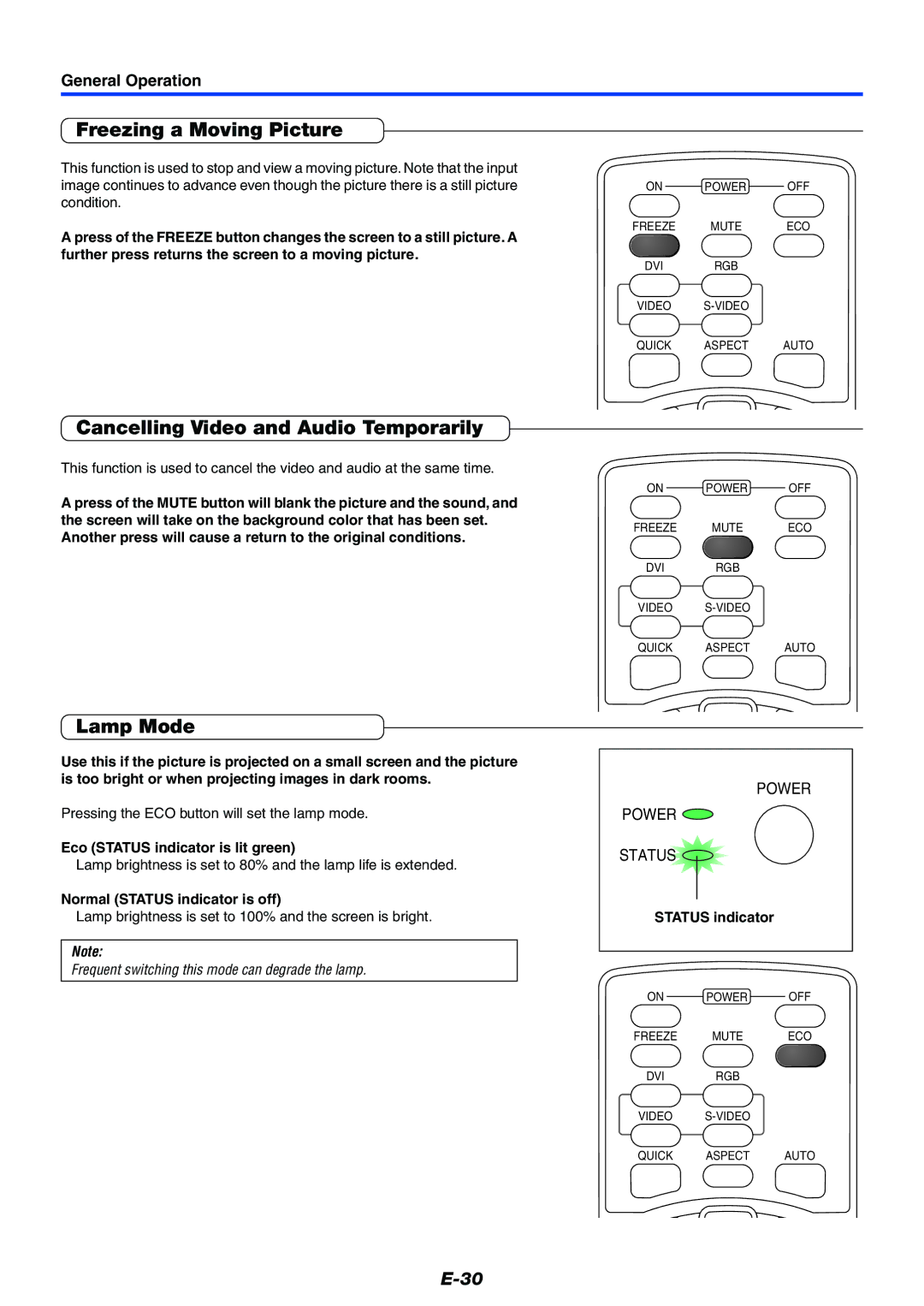 PLUS Vision Data Projector user manual Freezing a Moving Picture, Cancelling Video and Audio Temporarily, Lamp Mode 