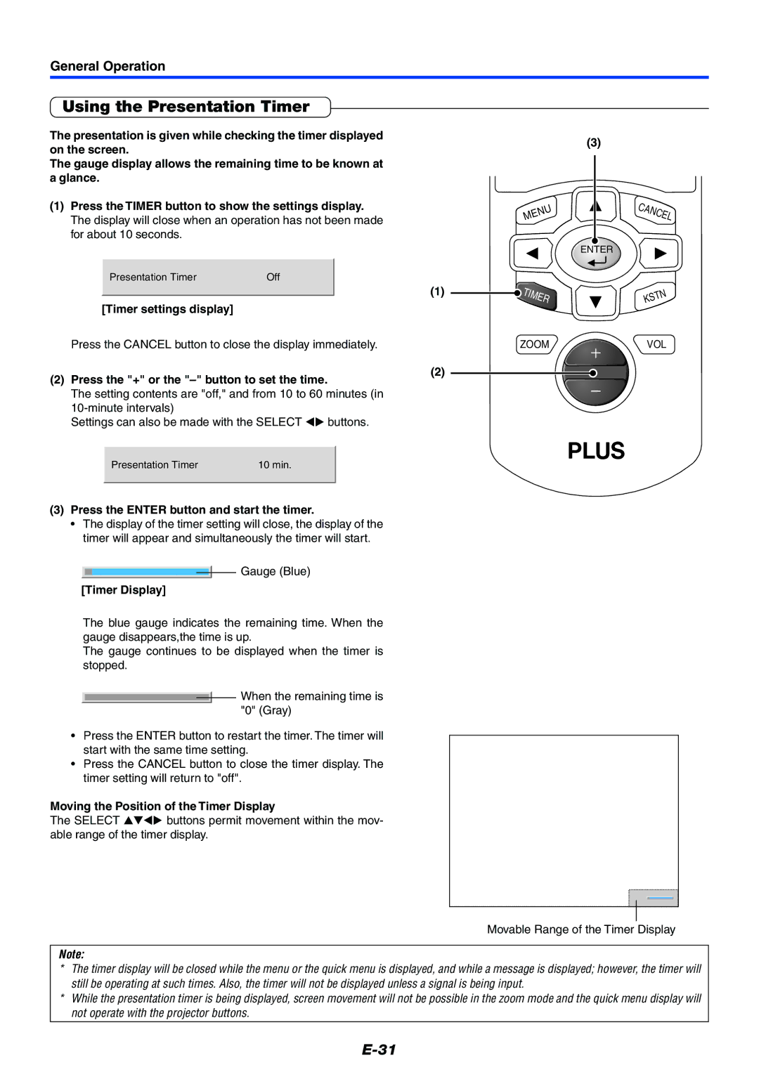 PLUS Vision Data Projector user manual Using the Presentation Timer 