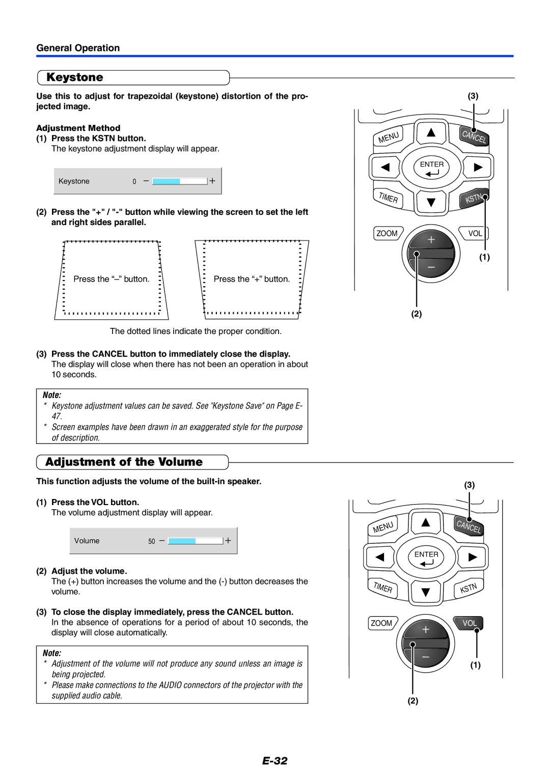 PLUS Vision Data Projector user manual Keystone, Adjustment of the Volume, Adjust the volume 