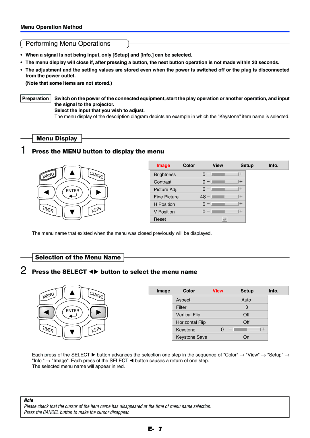 PLUS Vision Data Projector user manual Performing Menu Operations, Menu Display Press the Menu button to display the menu 