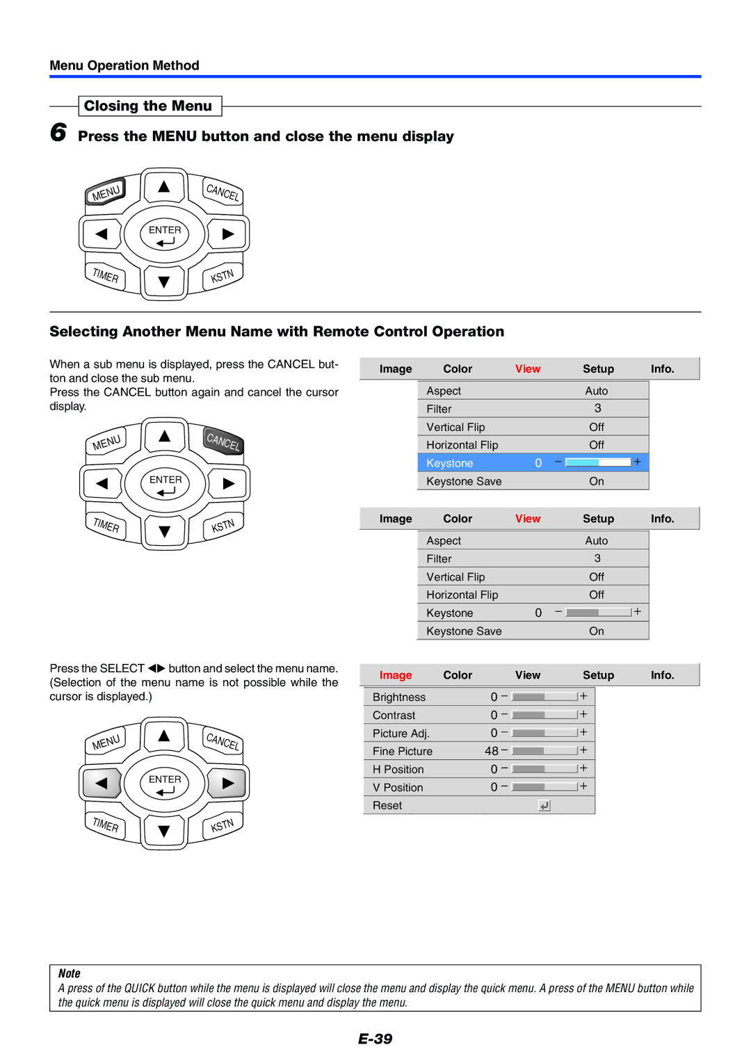 PLUS Vision Data Projector Selecting Another Menu Name with Remote Control Operation, Ton and close the sub menu 