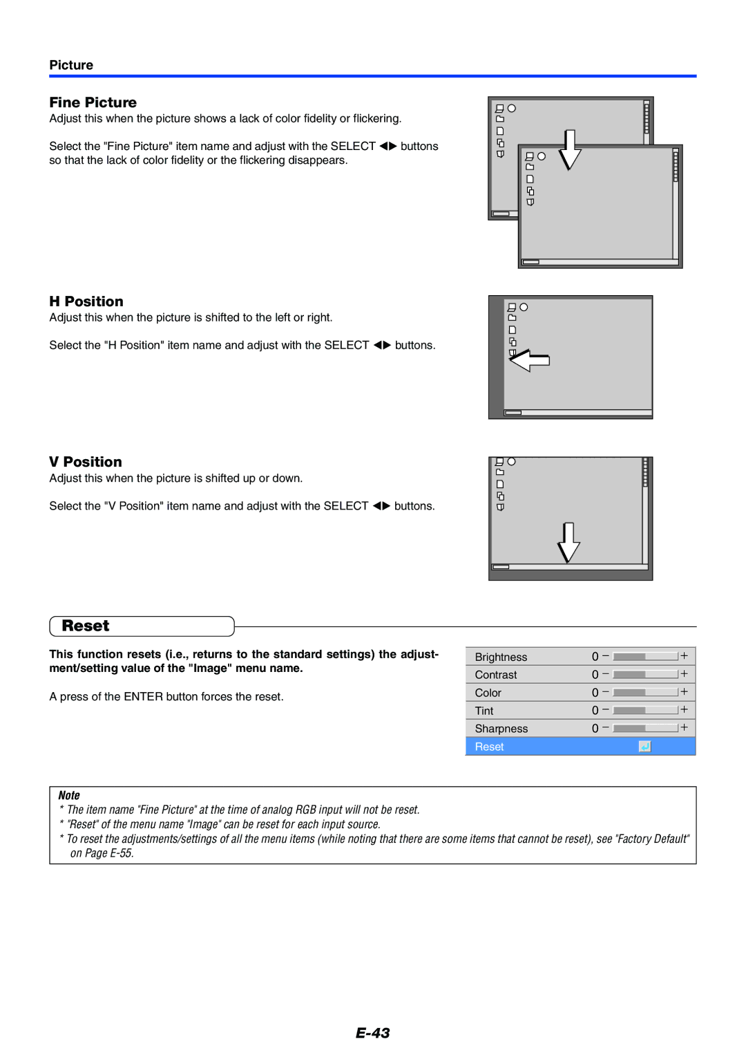 PLUS Vision Data Projector user manual Reset, Fine Picture, Position, Press of the Enter button forces the reset 