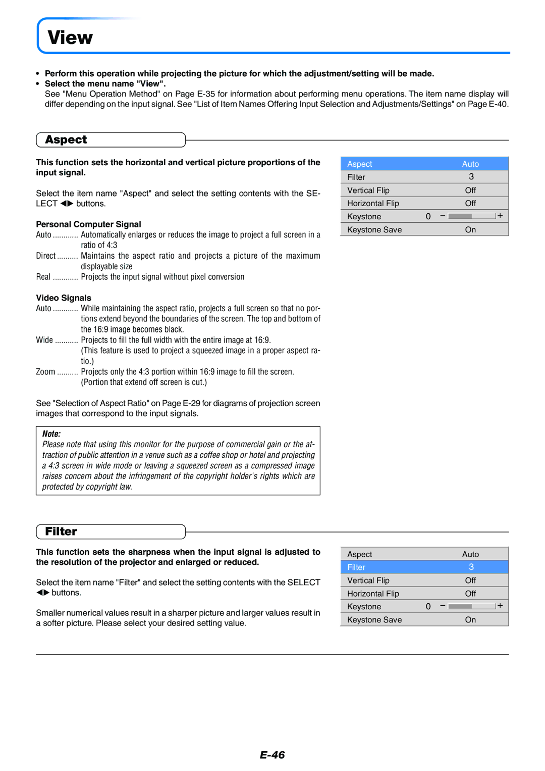 PLUS Vision Data Projector user manual View, Aspect, Filter 