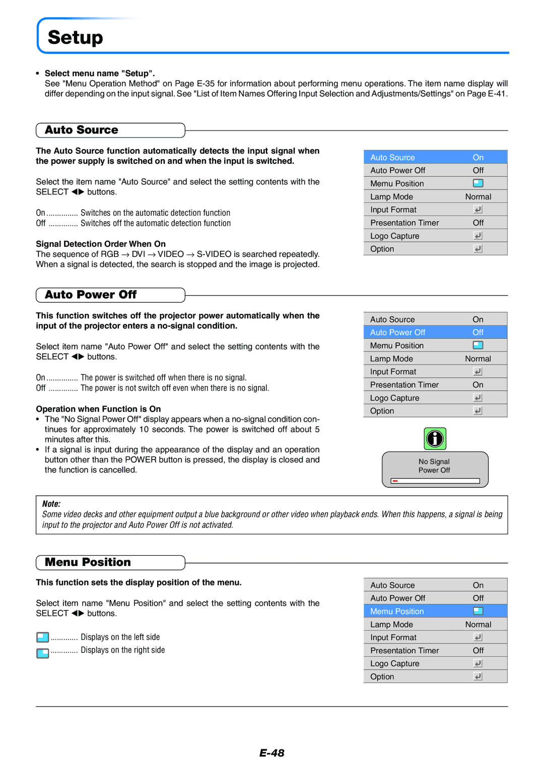 PLUS Vision Data Projector user manual Setup, Auto Source, Auto Power Off, Menu Position 