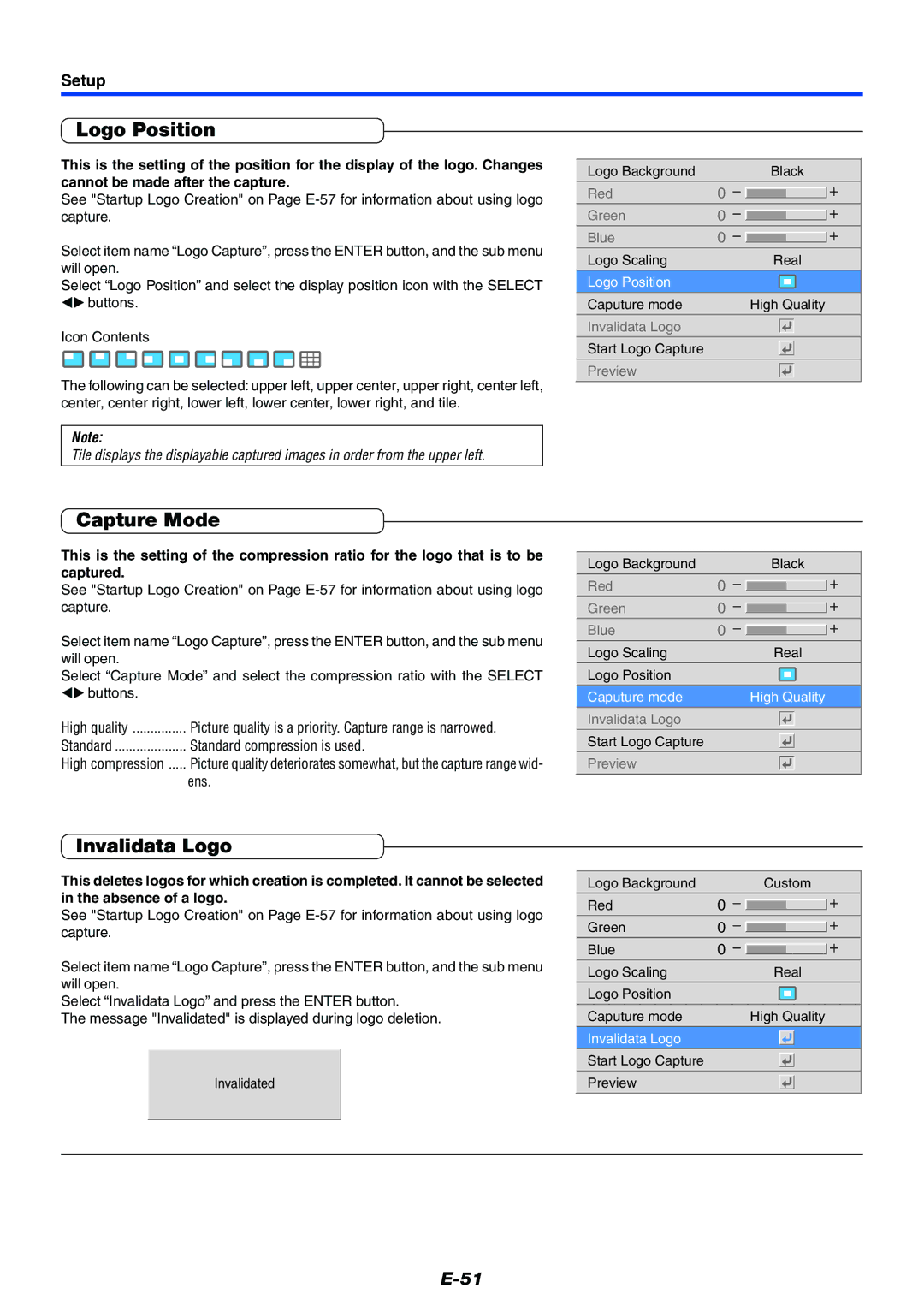 PLUS Vision Data Projector user manual Logo Position, Capture Mode, Invalidata Logo 