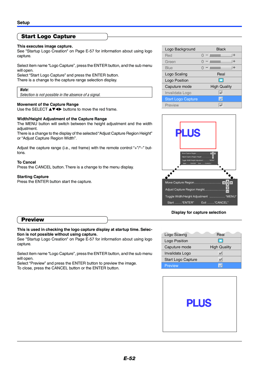 PLUS Vision Data Projector user manual Start Logo Capture, Preview 