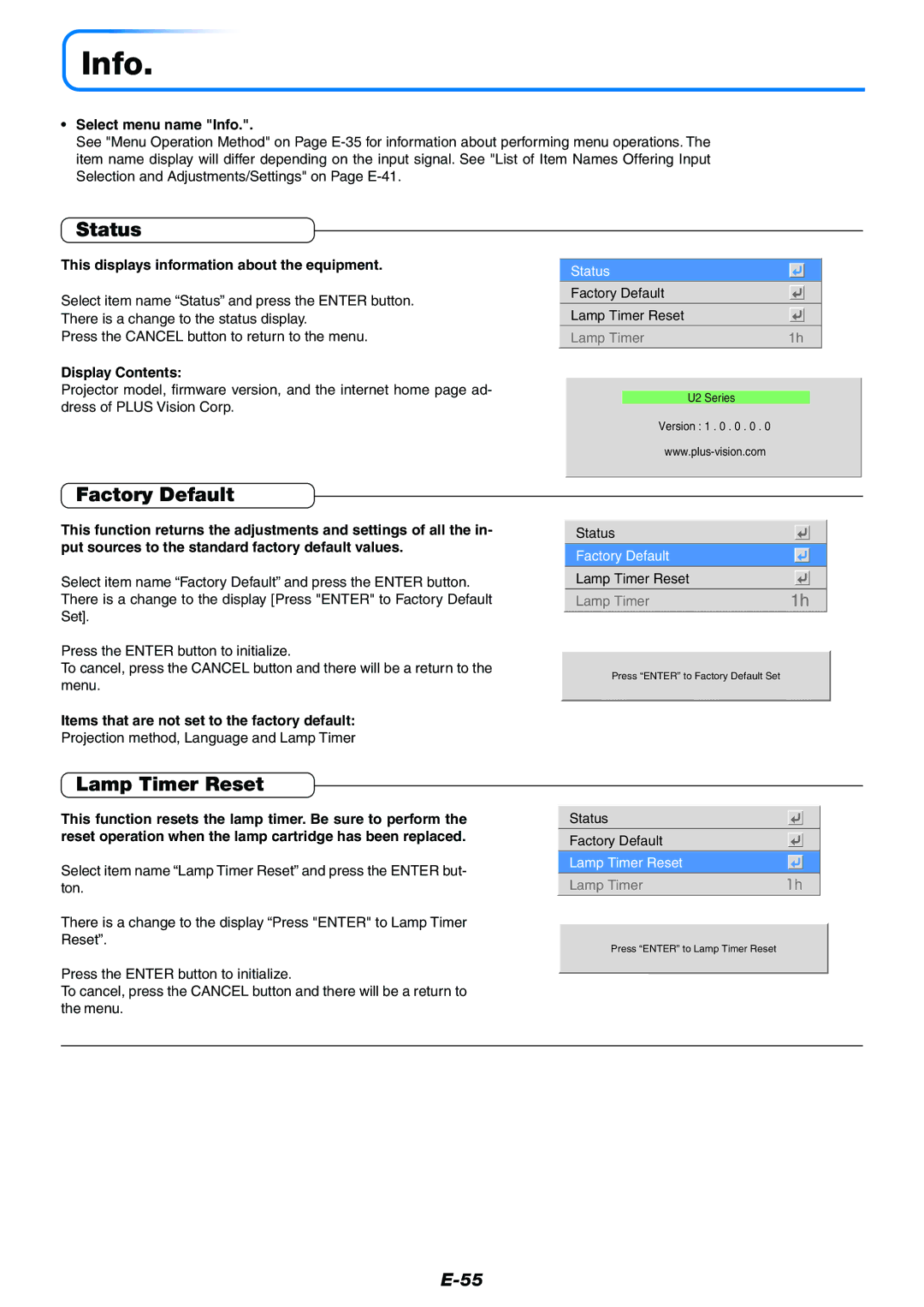 PLUS Vision Data Projector user manual Info, Status, Factory Default, Lamp Timer Reset 