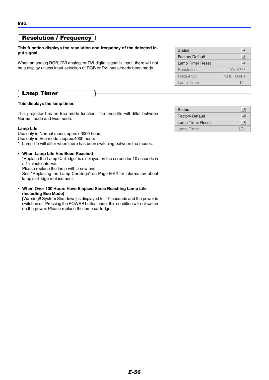 PLUS Vision Data Projector user manual Resolution / Frequency, Lamp Timer, Info 