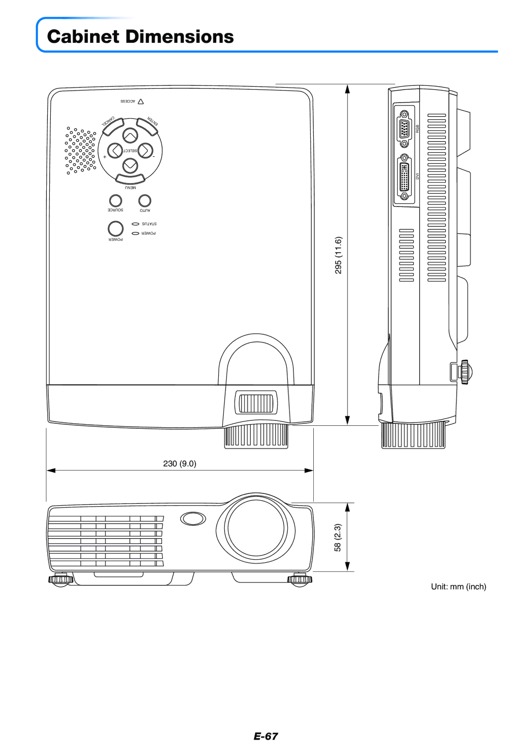 PLUS Vision Data Projector user manual Cabinet Dimensions, 295, Unit mm inch 