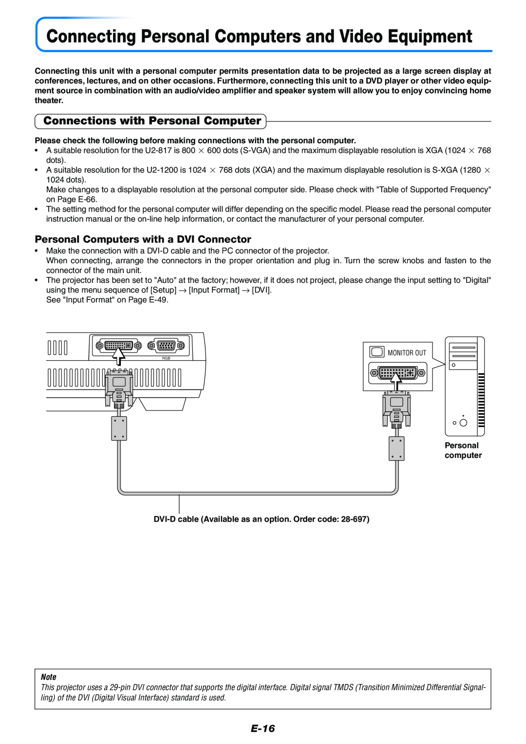 PLUS Vision Data Projector user manual Connections with Personal Computer, Personal Computers with a DVI Connector, E-16 