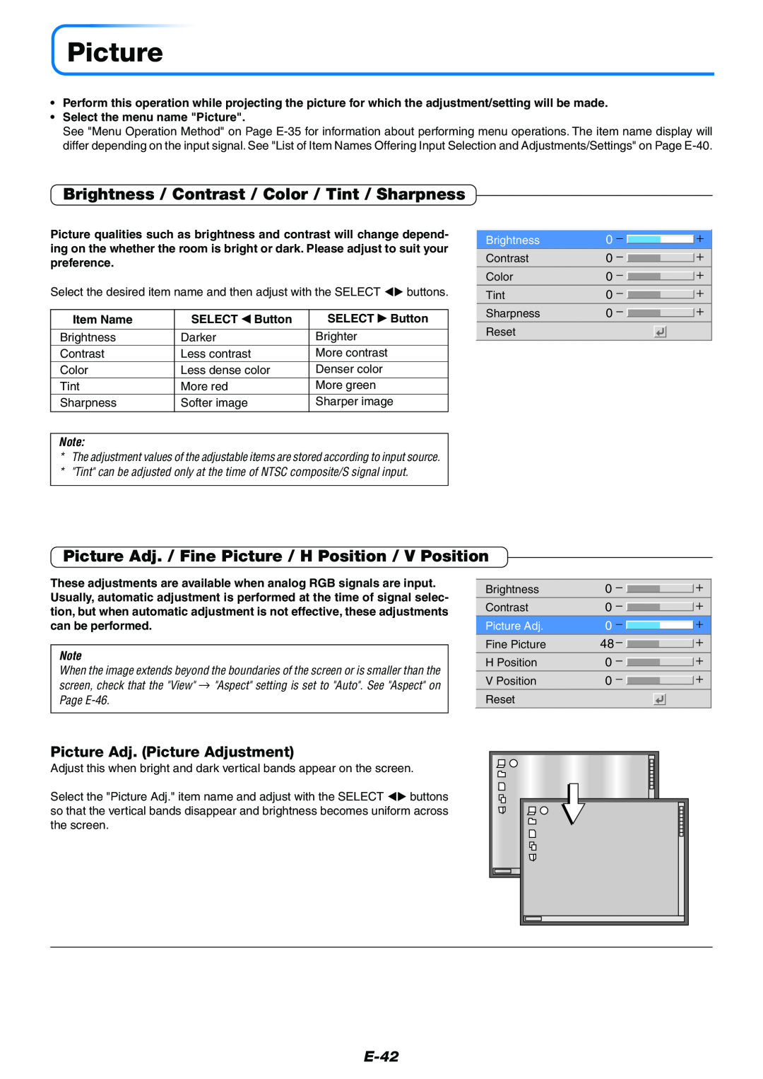 PLUS Vision Data Projector Brightness / Contrast / Color / Tint / Sharpness, Picture Adj. Picture Adjustment, E-42 