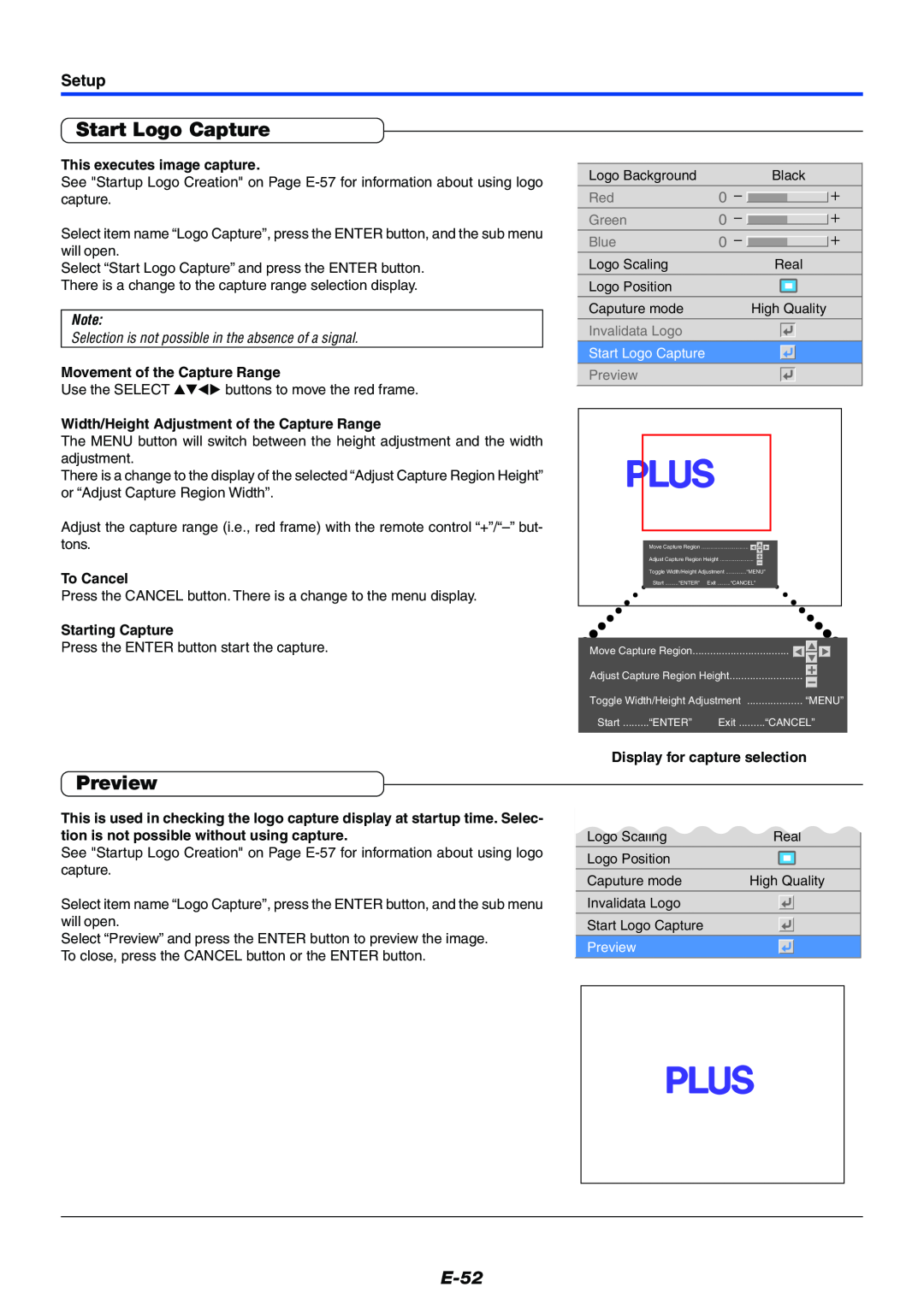 PLUS Vision Data Projector user manual Start Logo Capture, Preview, E-52, Setup, This executes image capture, To Cancel 