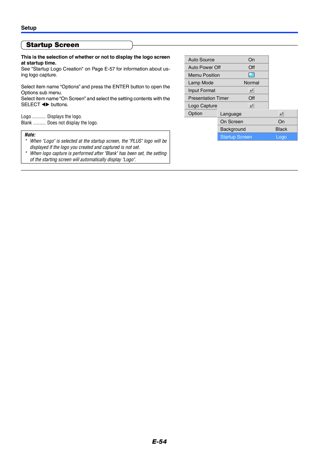 PLUS Vision Data Projector user manual Startup Screen, E-54, Setup 