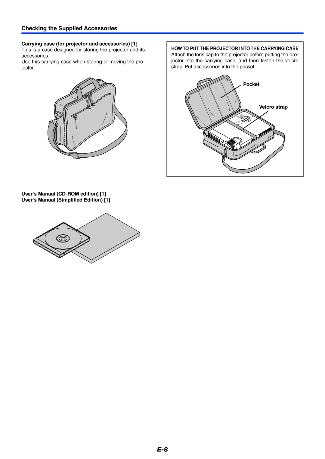 PLUS Vision Data Projector user manual Checking the Supplied Accessories, Carrying case for projector and accessories 