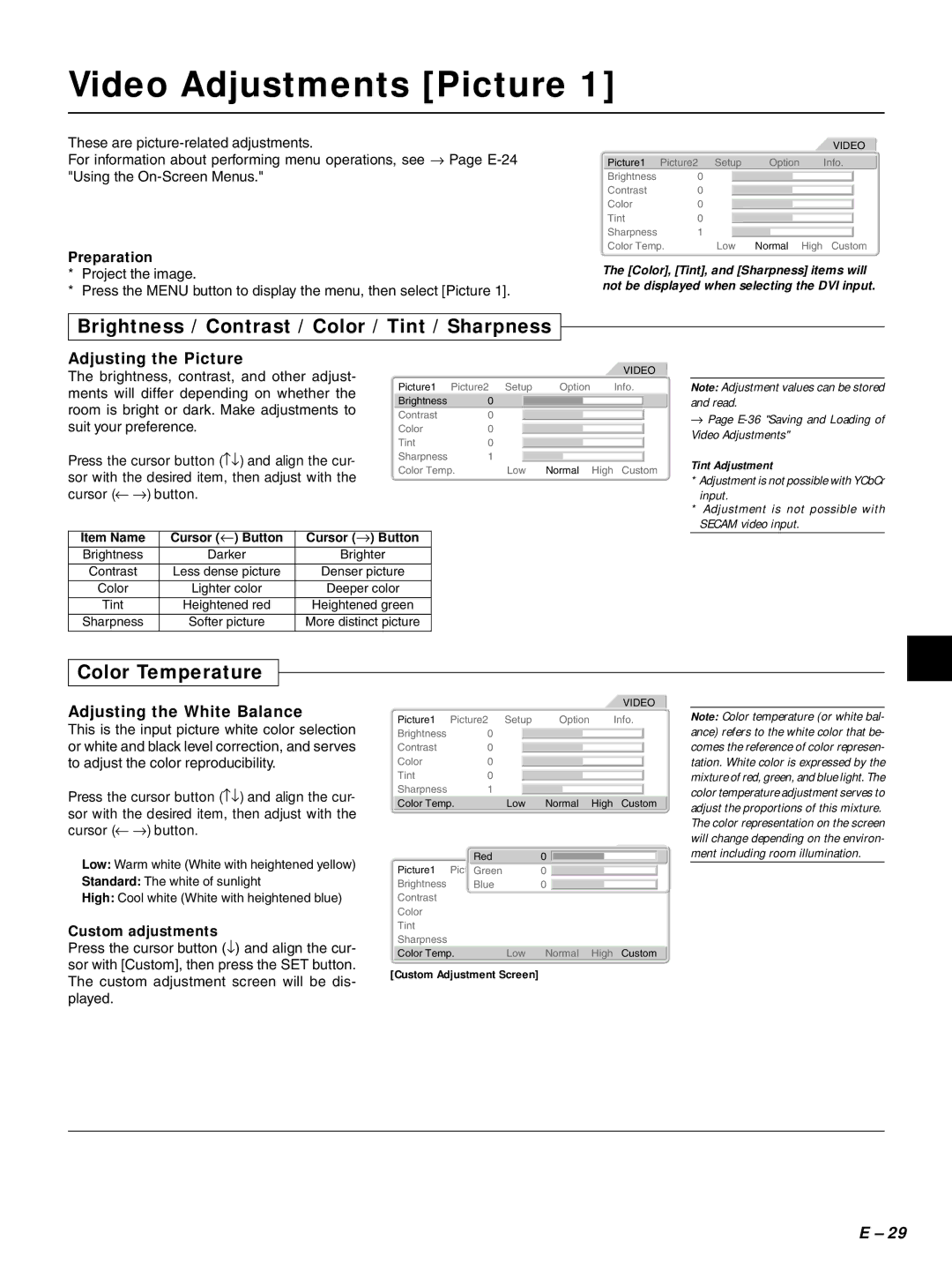 PLUS Vision HE-3100 Video Adjustments Picture, Brightness / Contrast / Color / Tint / Sharpness, Color Temperature 