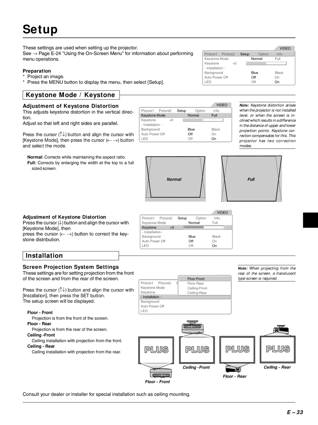 PLUS Vision HE-3100 user manual Setup, Keystone Mode / Keystone, Installation, Adjustment of Keystone Distortion 