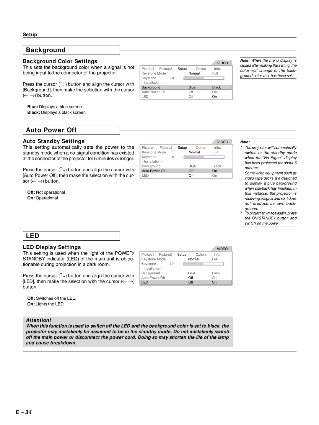 PLUS Vision HE-3100 user manual Auto Power Off, Background Color Settings, Auto Standby Settings, LED Display Settings 