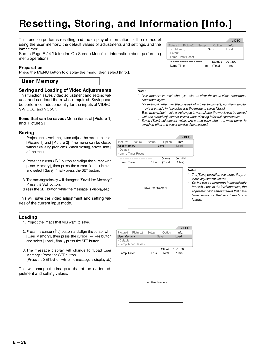 PLUS Vision HE-3100 Resetting, Storing, and Information Info, User Memory, Saving and Loading of Video Adjustments 