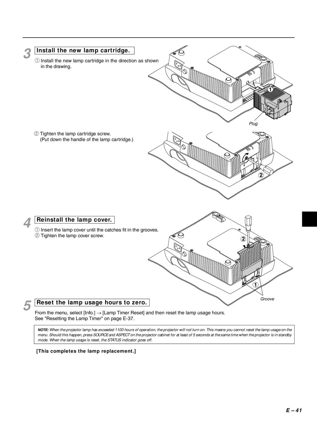 PLUS Vision HE-3100 user manual This completes the lamp replacement, Plug, Groove 