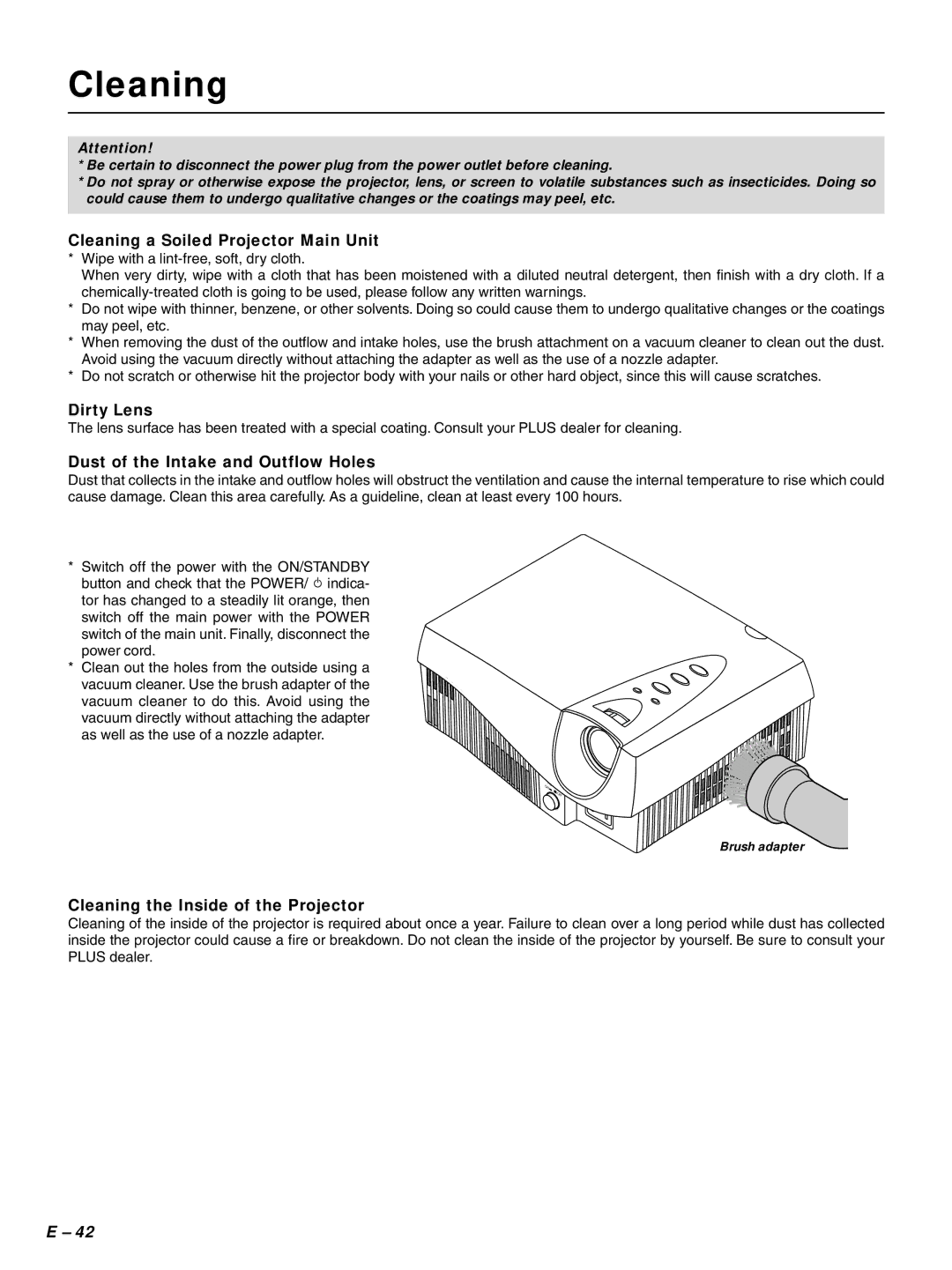 PLUS Vision HE-3100 user manual Cleaning a Soiled Projector Main Unit, Dirty Lens, Dust of the Intake and Outflow Holes 