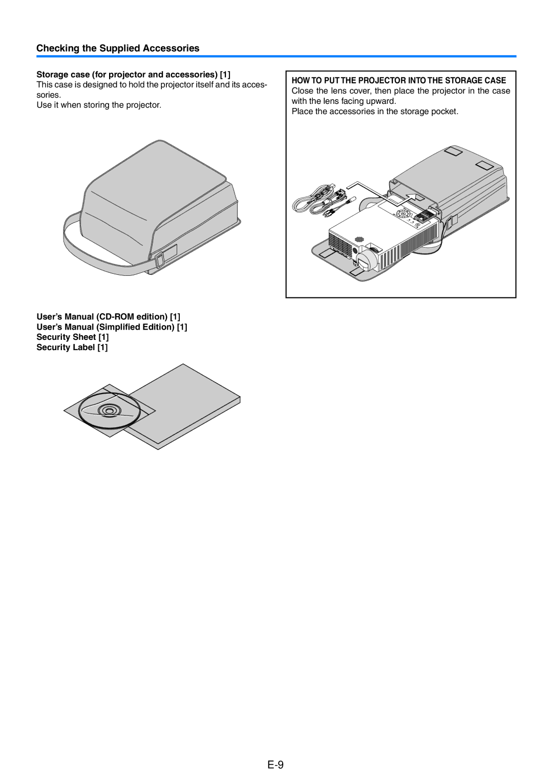 PLUS Vision KG-PS120X, KG-PS125X, KG-PS100S Checking the Supplied Accessories, Storage case for projector and accessories 