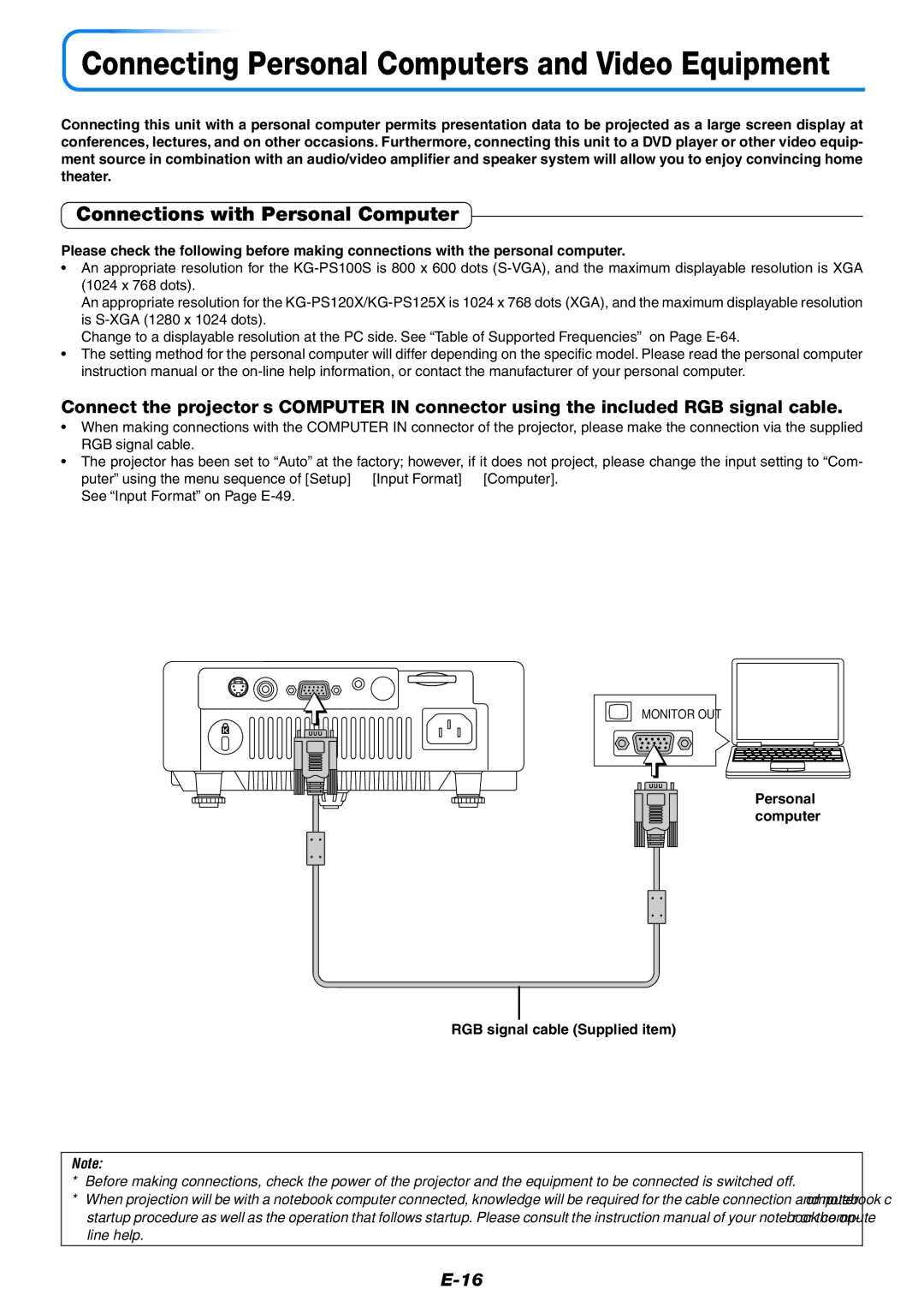 PLUS Vision KG-PS100S, KG-PS125X Connections with Personal Computer, Personal computer RGB signal cable Supplied item 