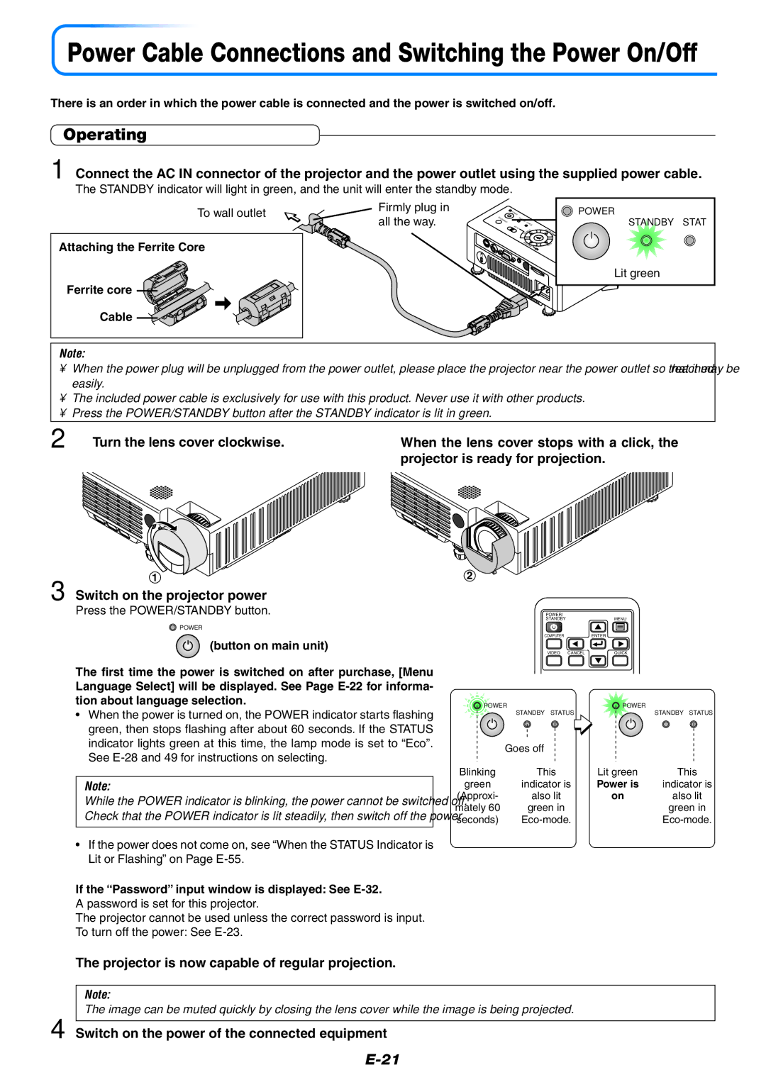 PLUS Vision KG-PS120X, KG-PS125X, KG-PS100S user manual Operating, Projector is now capable of regular projection 