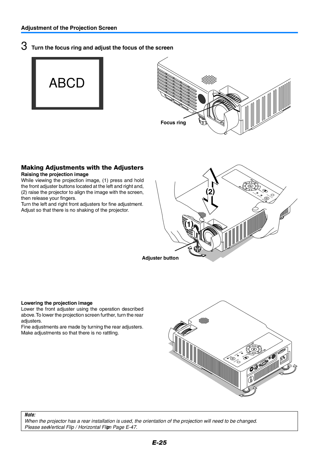 PLUS Vision KG-PS100S, KG-PS125X, KG-PS120X Making Adjustments with the Adjusters, Focus ring, Raising the projection image 