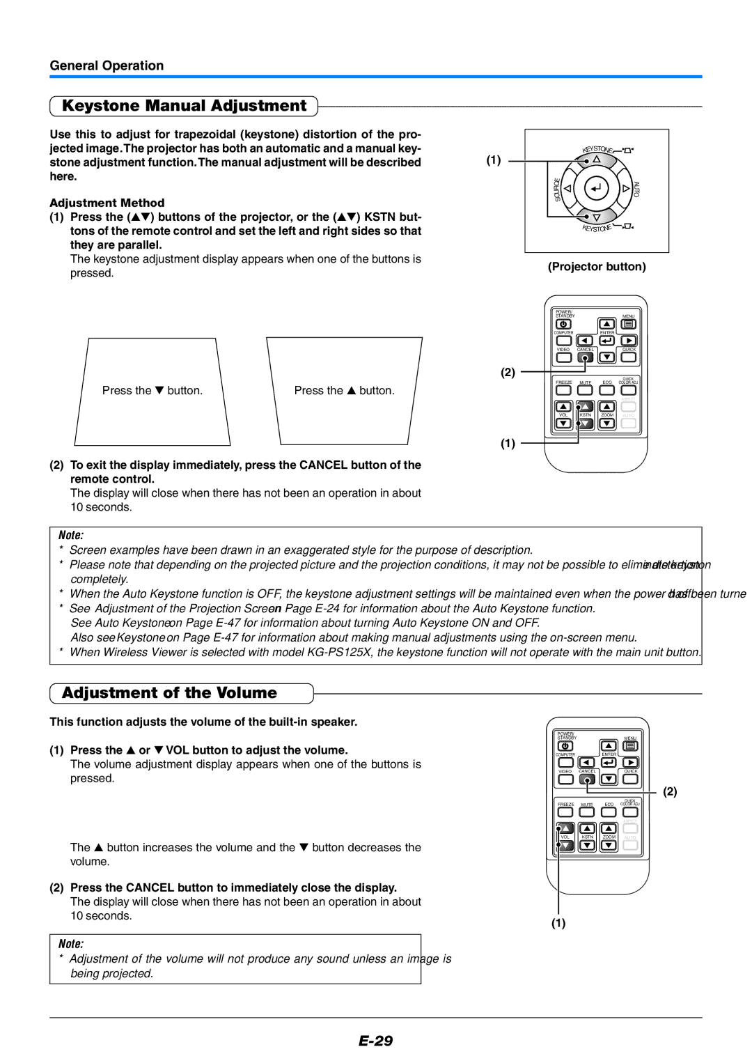 PLUS Vision KG-PS125X Keystone Manual Adjustment, Adjustment of the Volume, Press the or VOL button to adjust the volume 