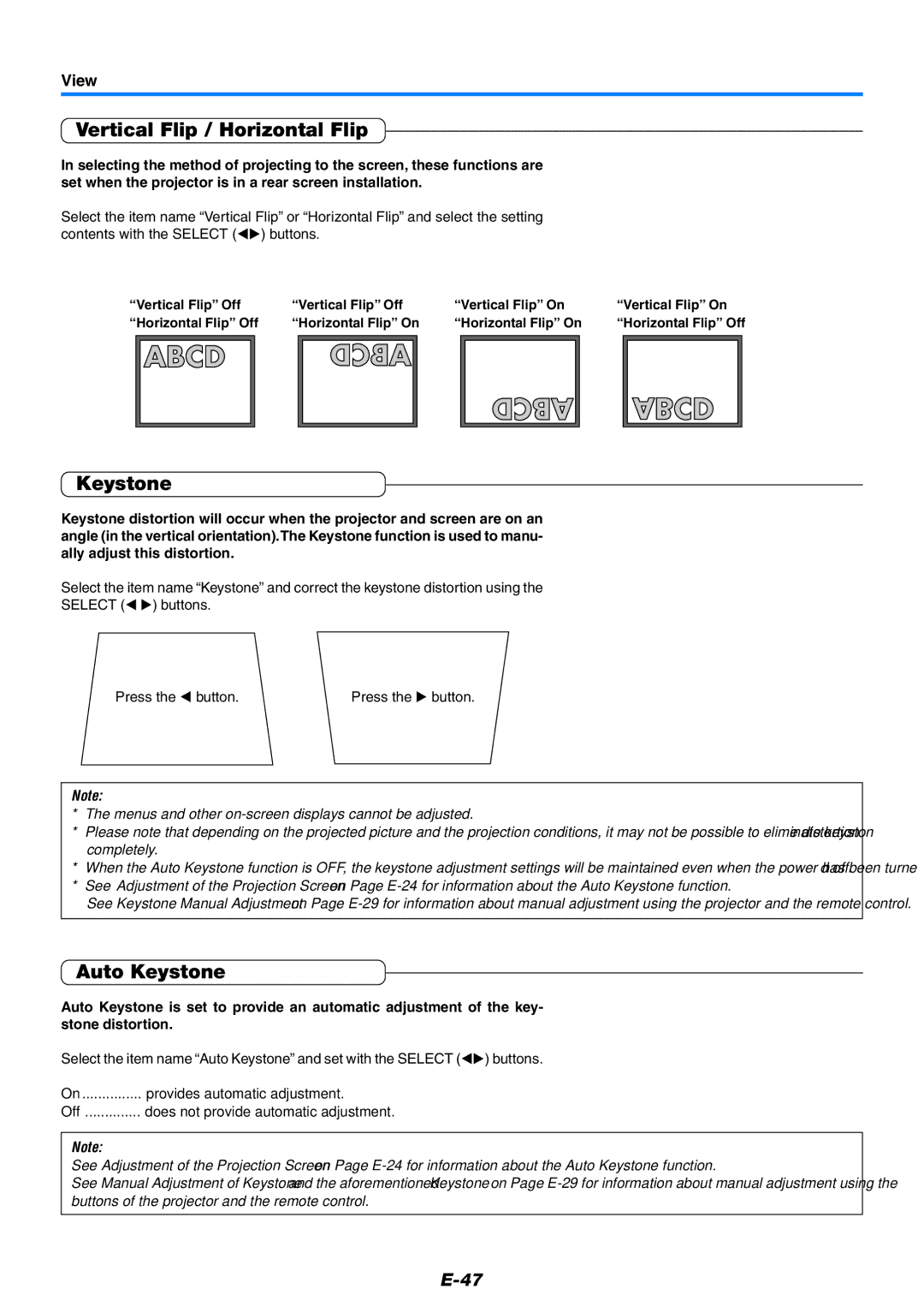 PLUS Vision KG-PS125X, KG-PS120X, KG-PS100S user manual Vertical Flip / Horizontal Flip, Auto Keystone, View 