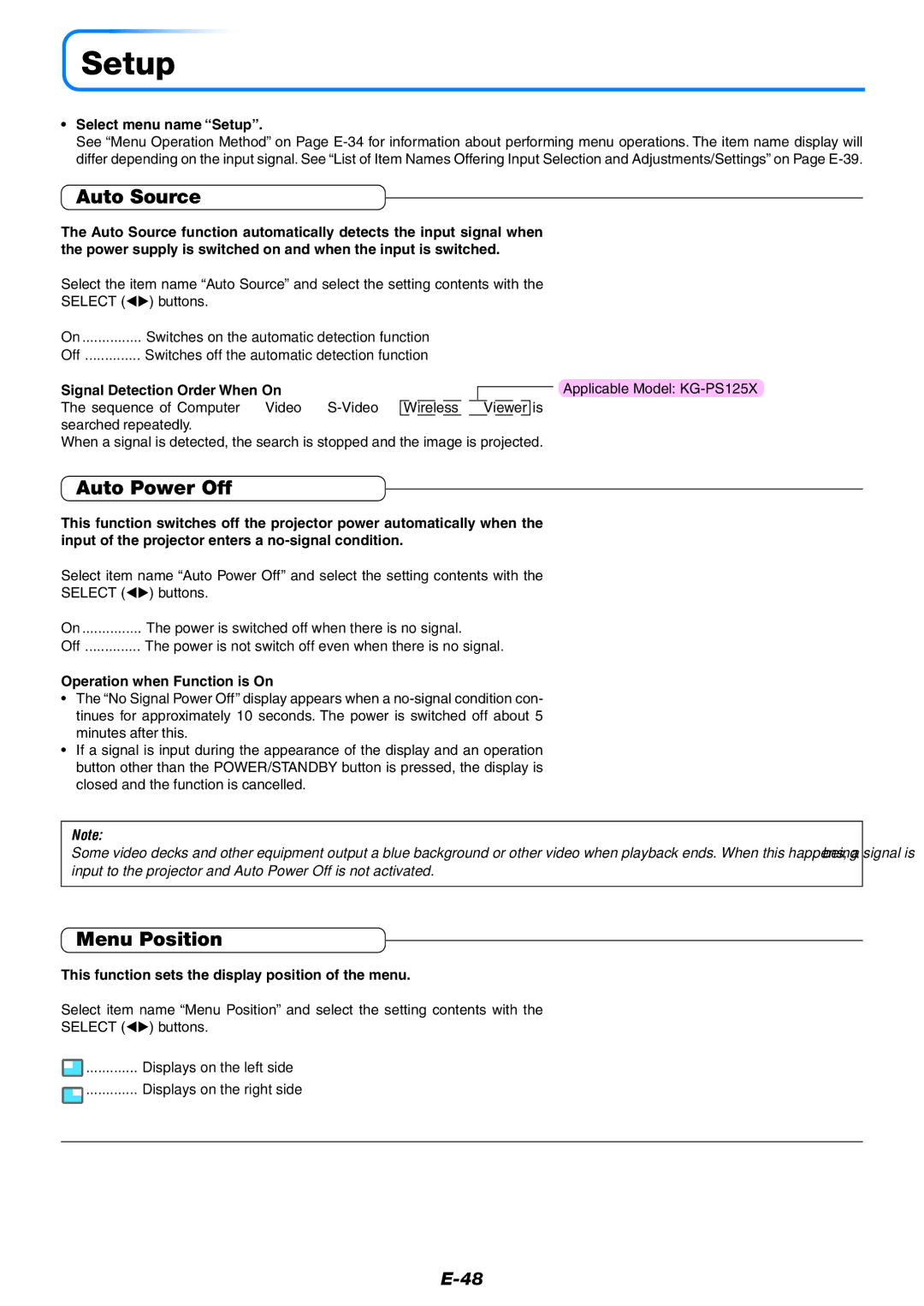 PLUS Vision KG-PS120X, KG-PS125X, KG-PS100S user manual Setup, Auto Source, Auto Power Off, Menu Position 