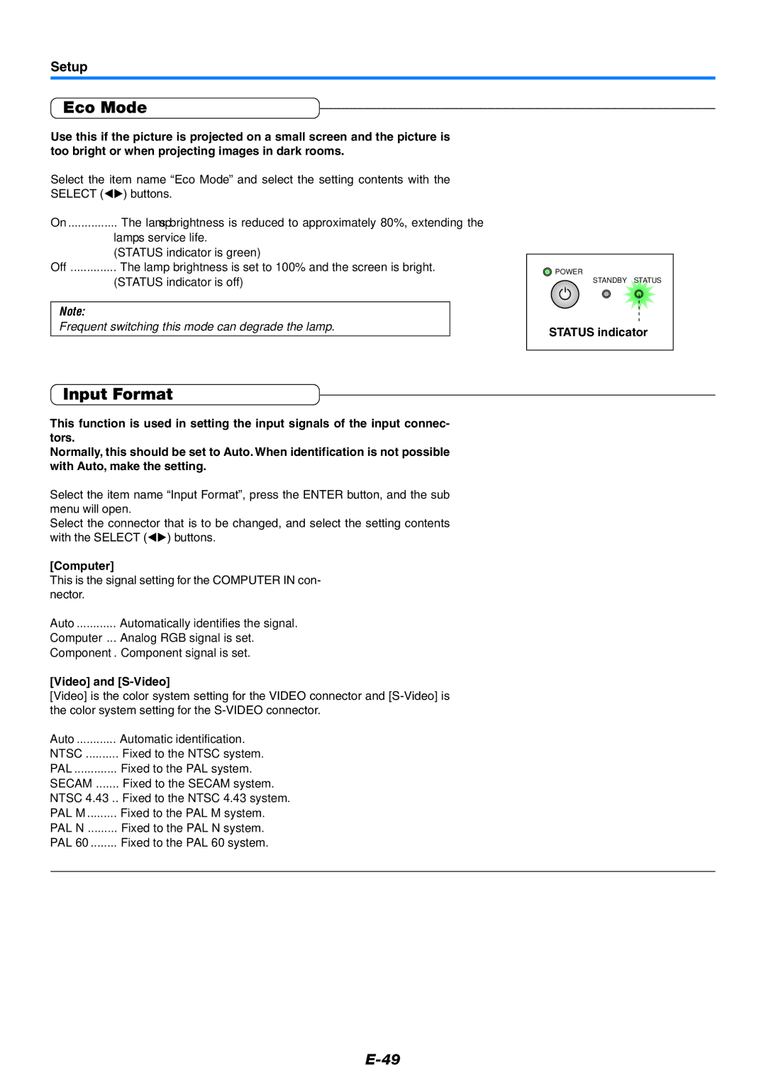 PLUS Vision KG-PS100S, KG-PS125X, KG-PS120X user manual Input Format, Setup, Computer, Video and S-Video 