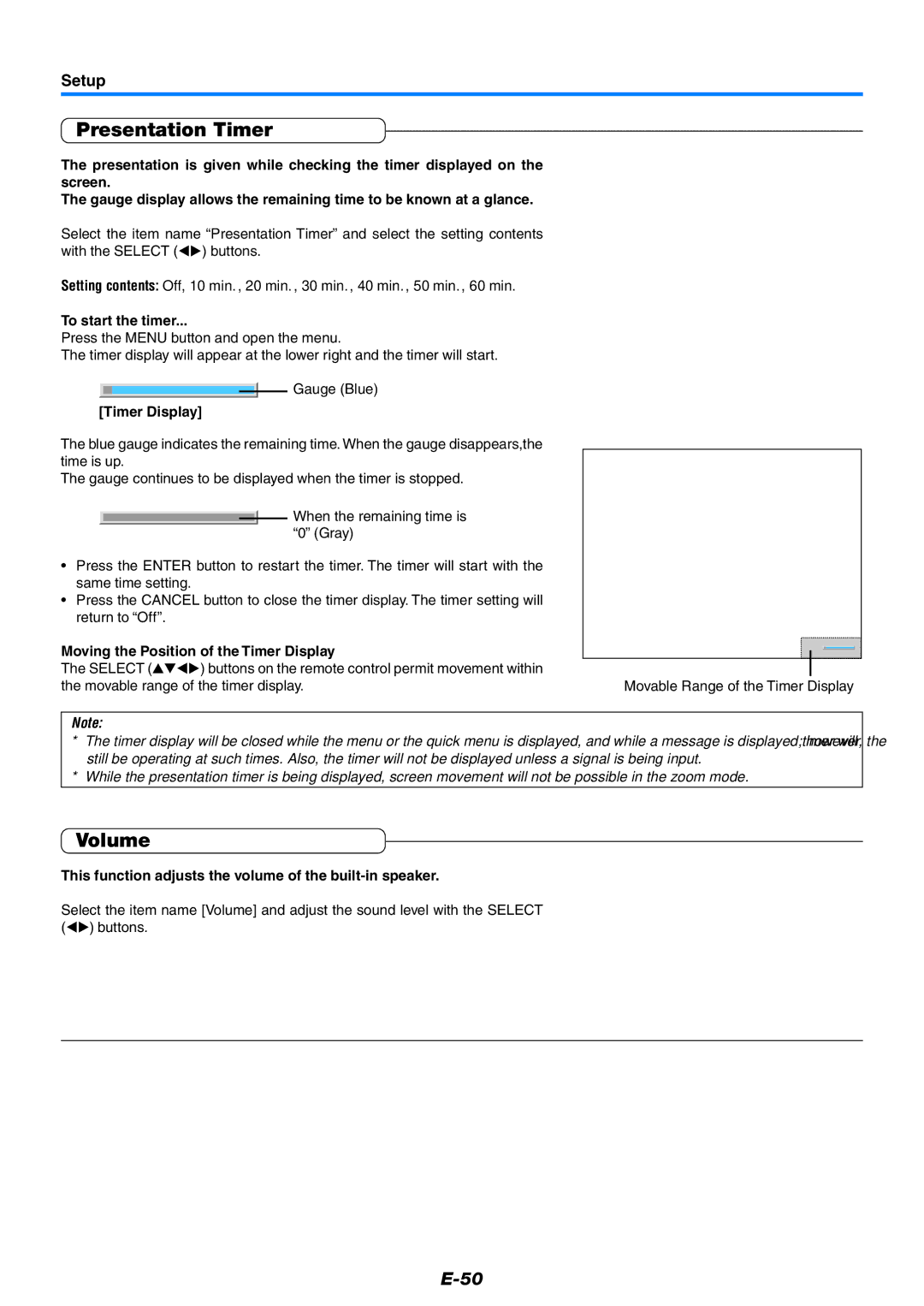 PLUS Vision KG-PS125X, KG-PS120X, KG-PS100S user manual Presentation Timer, Volume, To start the timer, Timer Display 