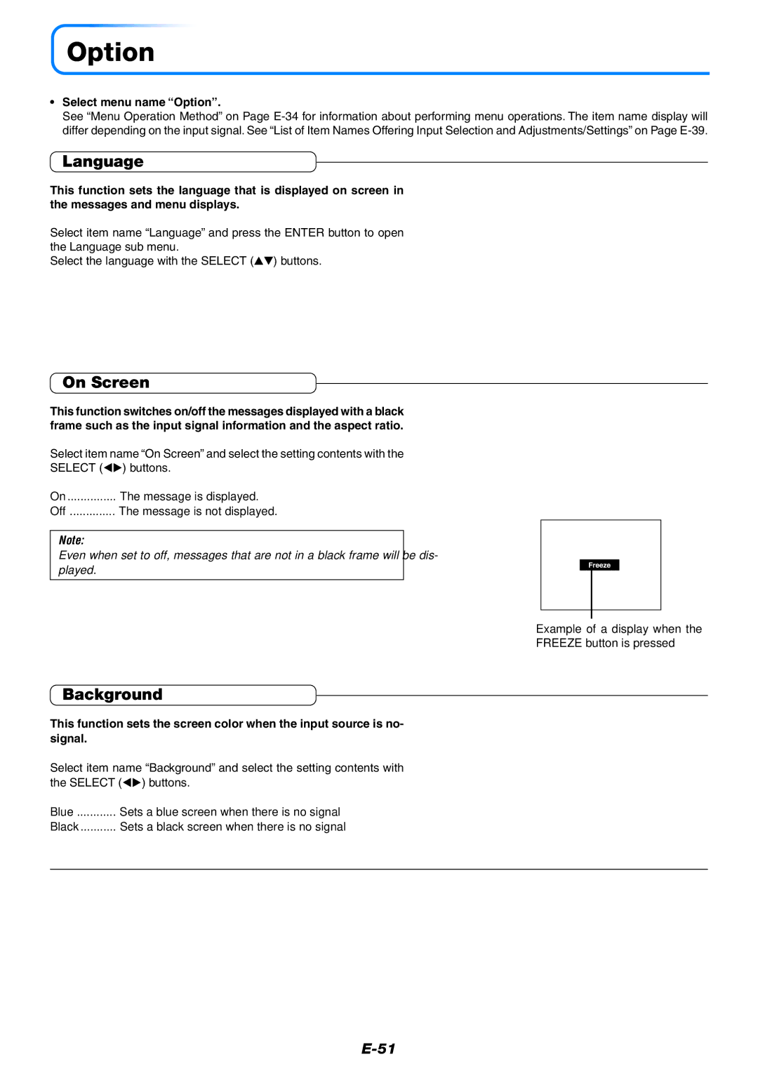 PLUS Vision KG-PS120X, KG-PS125X, KG-PS100S user manual Language, On Screen, Background, Select menu name Option 