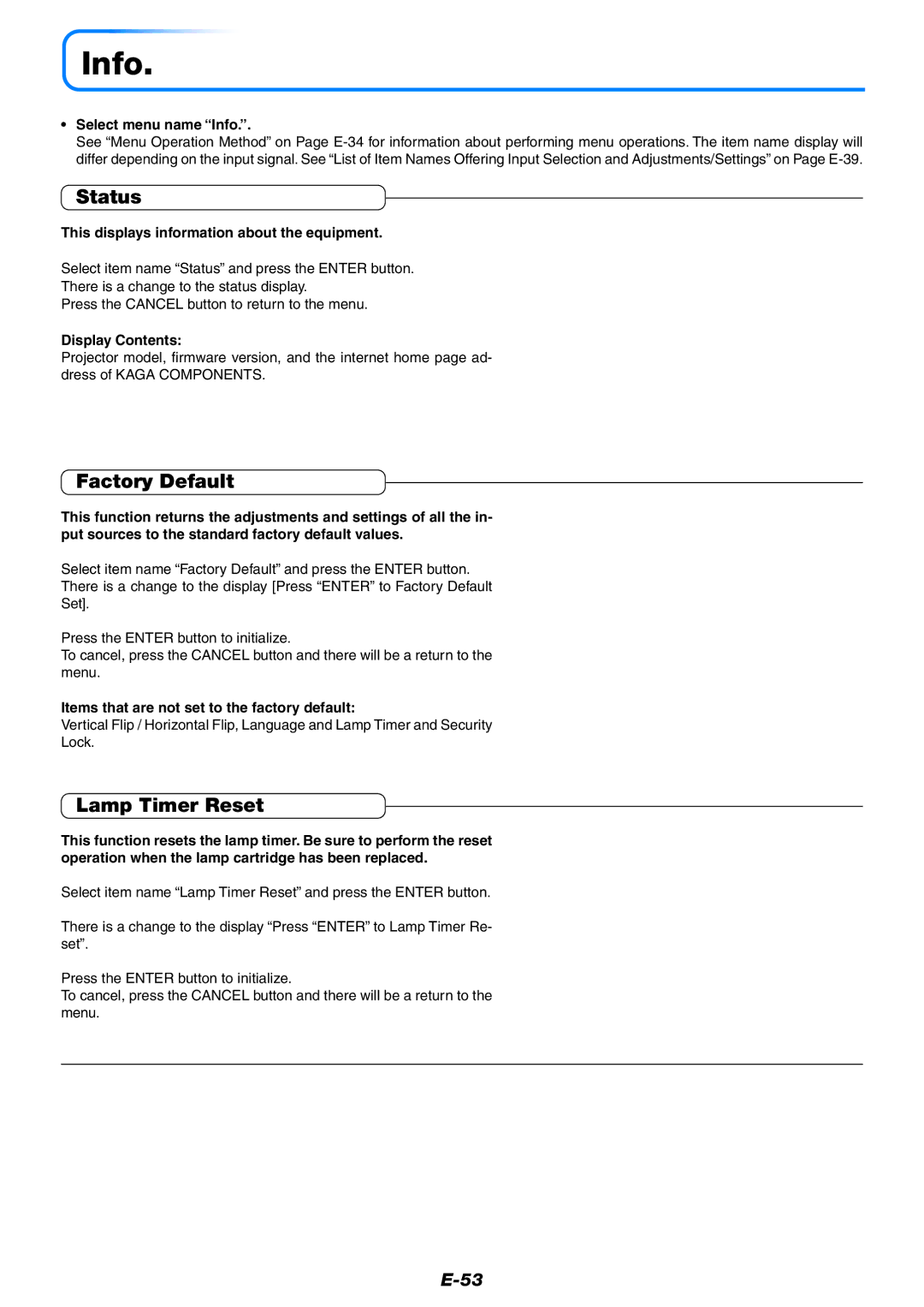 PLUS Vision KG-PS125X, KG-PS120X, KG-PS100S user manual Info, Status, Factory Default, Lamp Timer Reset 