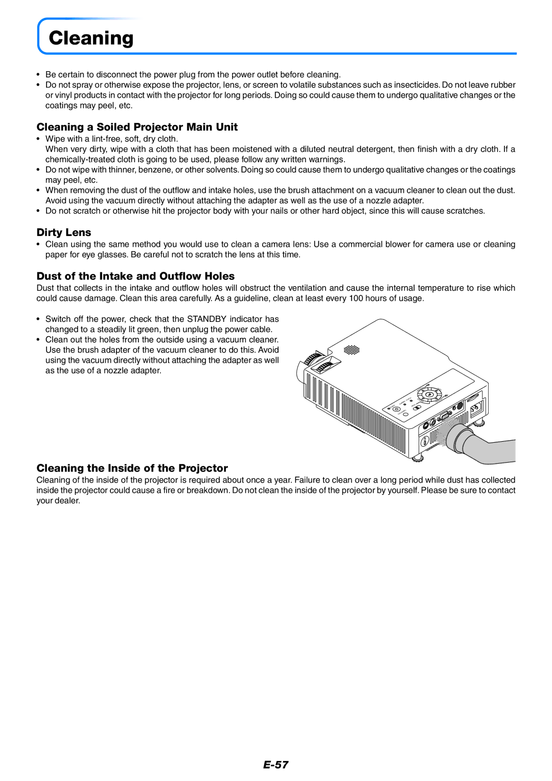 PLUS Vision KG-PS120X Cleaning a Soiled Projector Main Unit, Dirty Lens, Dust of the Intake and Outflow Holes 