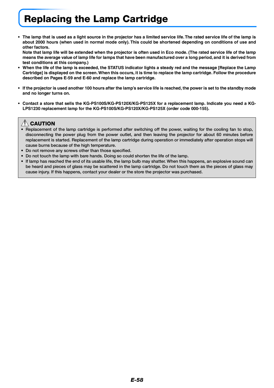 PLUS Vision KG-PS100S, KG-PS125X, KG-PS120X user manual Replacing the Lamp Cartridge 