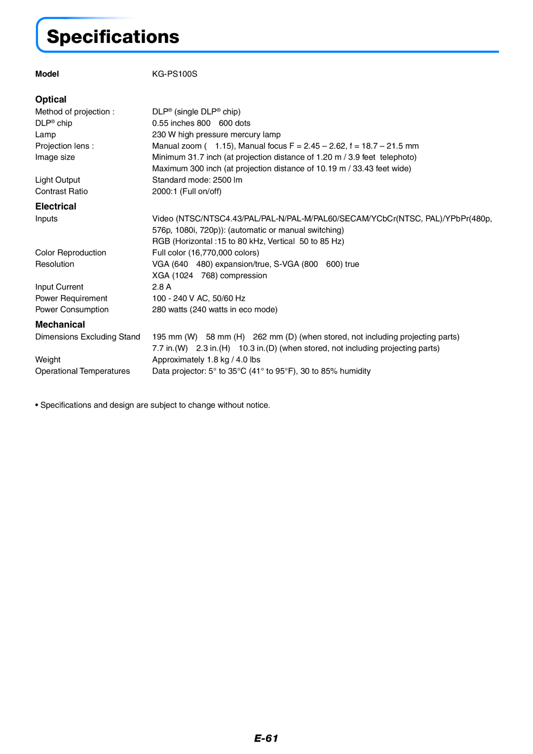 PLUS Vision KG-PS100S, KG-PS125X, KG-PS120X user manual Specifications, Optical, Electrical, Mechanical 