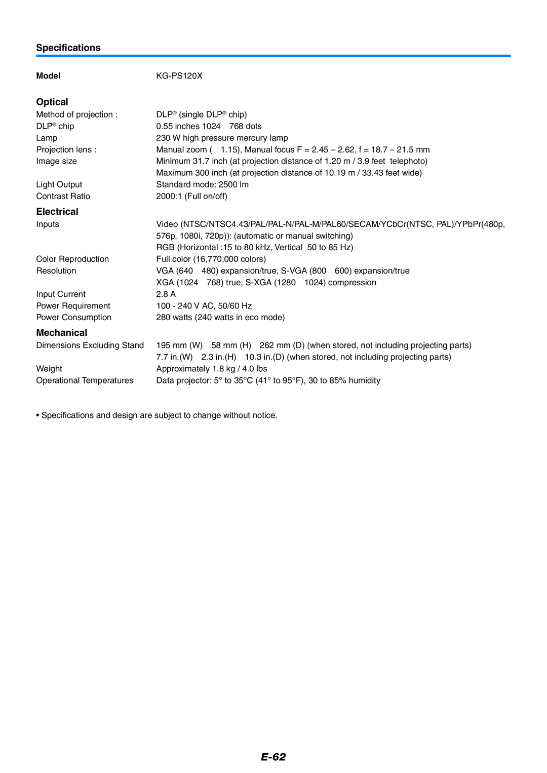 PLUS Vision KG-PS125X, KG-PS100S user manual Specifications, ModelKG-PS120X 