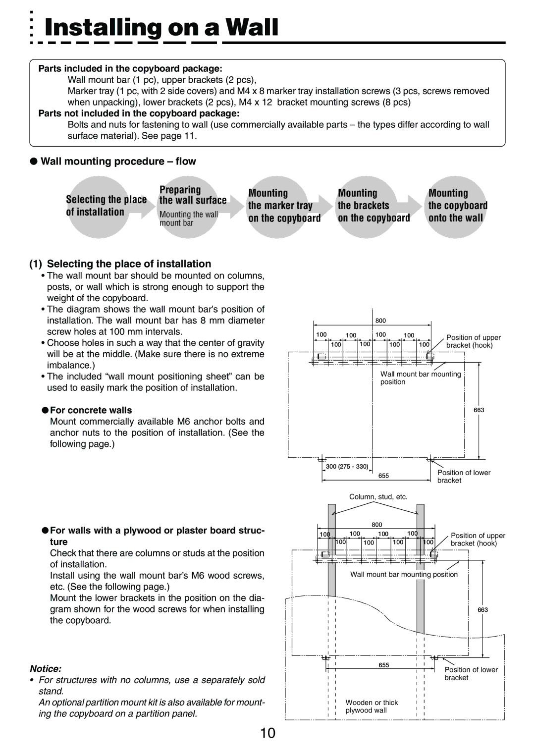 PLUS Vision M-5 user manual Installing on a Wall, Installation, On the copyboard, Selecting the place of installation 