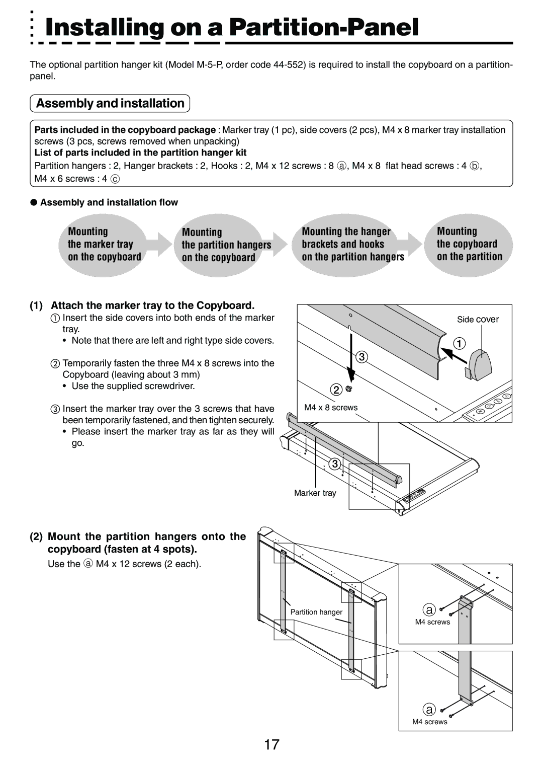 PLUS Vision M-5 Installing on a Partition-Panel, Assembly and installation, On the copyboard On the partition hangers 